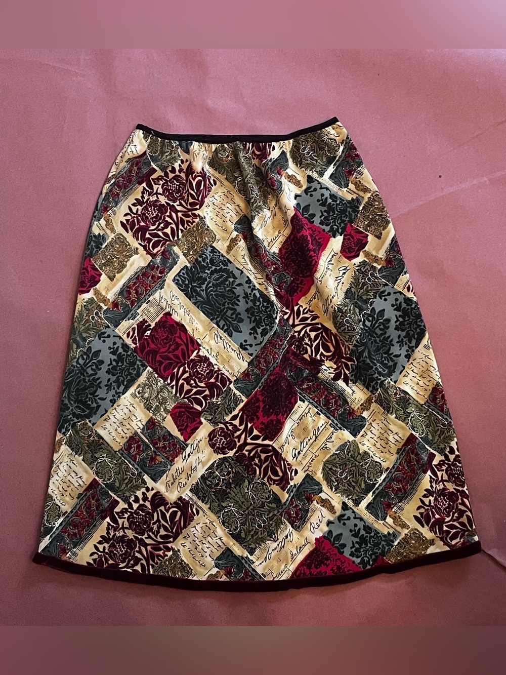 Mix It Patchwork A-Line Skirt in Burgundy, Olive, Cream & Gray